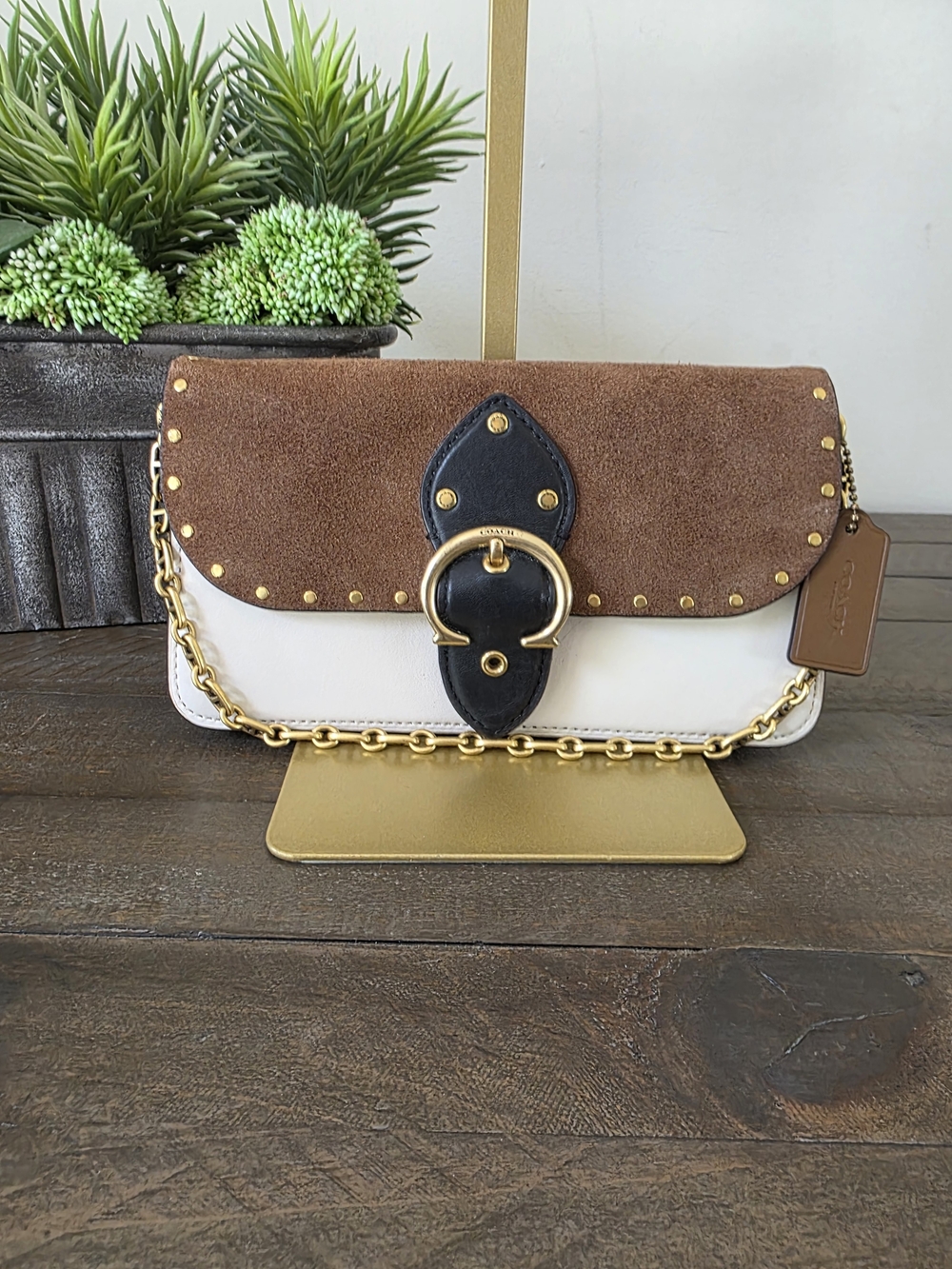 Coach Beat Crossbody Clutch Brown Suede White Leather Rivet Chain Strap - Picture 3 of 16